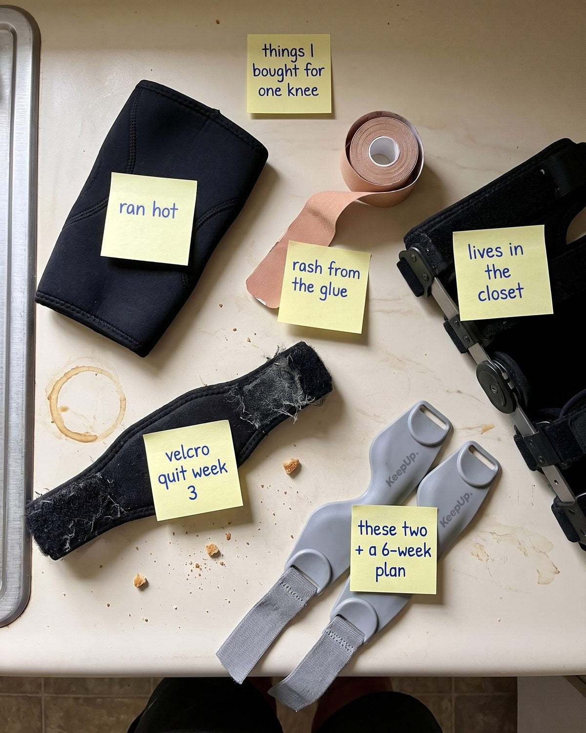 A knee sleeve, KT tape, a worn foam strap and a hinged brace with sticky notes, next to two grey KeepUp straps