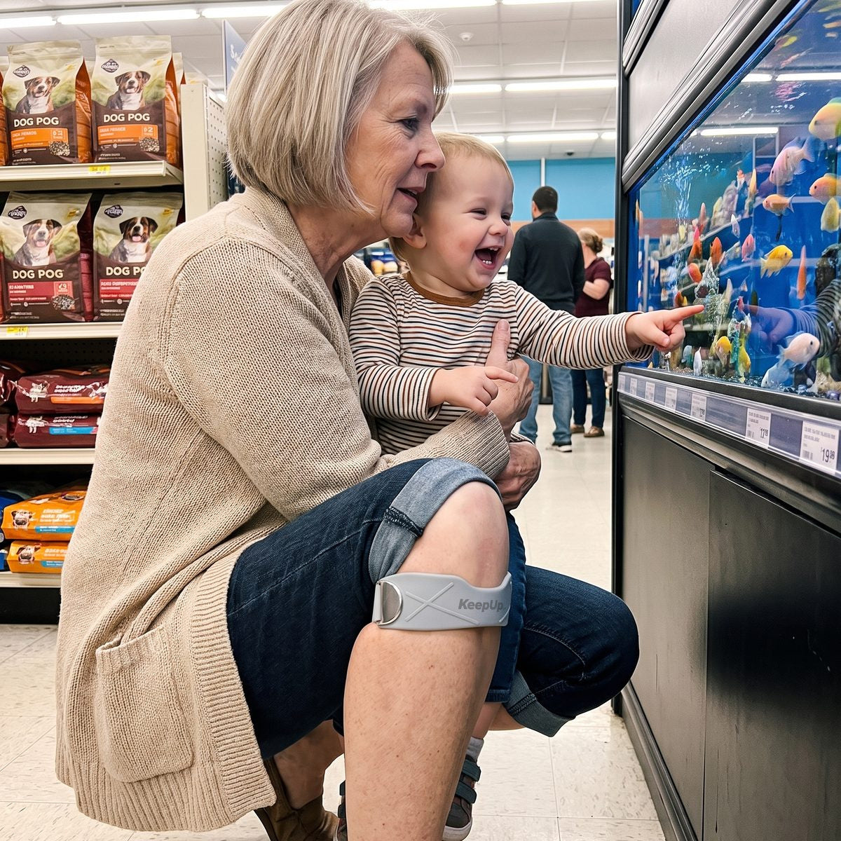 A grandmother crouching with her grandchild at a fish tank, a grey strap under her knee