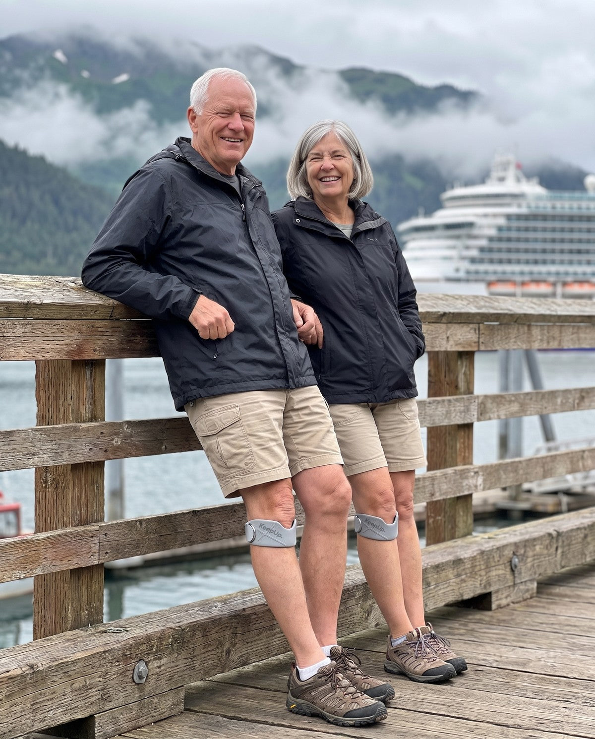 A couple in their sixties on a pier, both wearing grey knee straps just under the kneecap