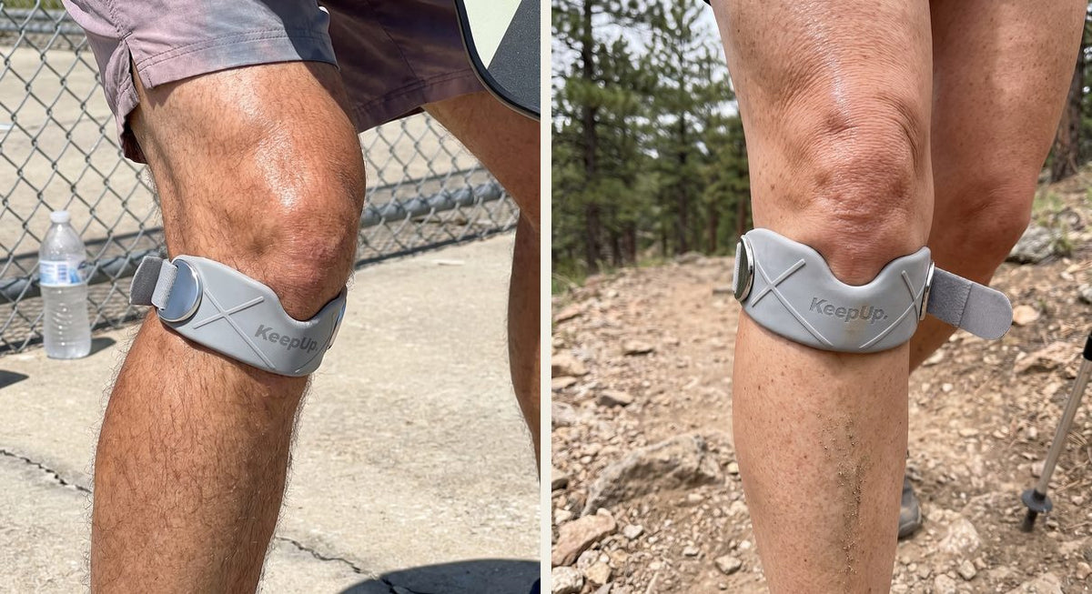 A grey KeepUp strap under the kneecap on the pickleball court and on a hiking trail