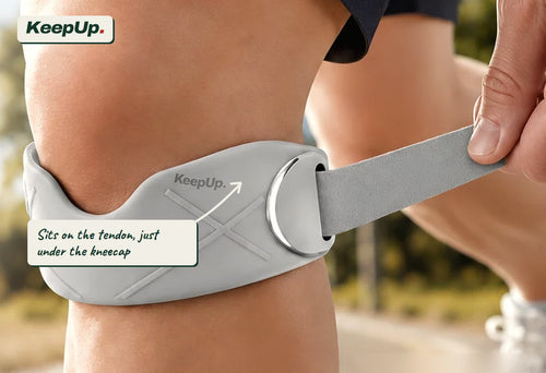 The KeepUp strap's silicone pad sits on the tendon, just under the kneecap